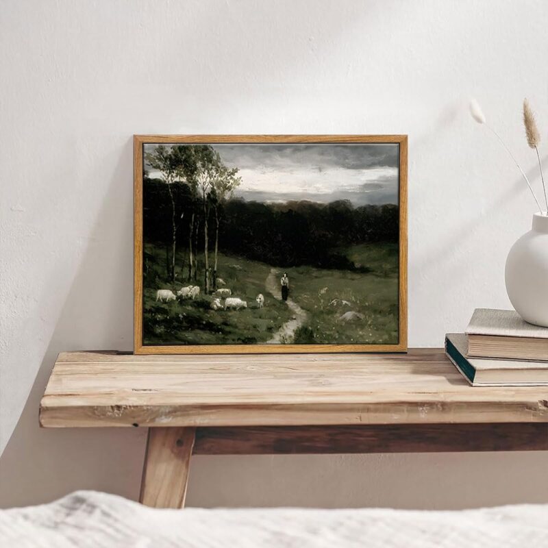 Framed Vintage Landscape Wall Art Shepherd Natural Scenery Oil Painting Canvas Prints Country Farmhouse Aesthetic Decor Pictures for Kitchen Bedroom Living Room Bathroom - Image 2