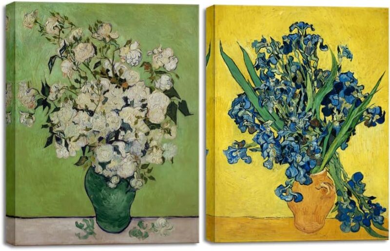 2 Piece Irises in Vase Floral Canvas Prints Wall Art by Van Gogh Classic Artwork Famous Oil Paintings Reproduction on Canvas for Home Decor Modern Wrapped Flowers Pictures