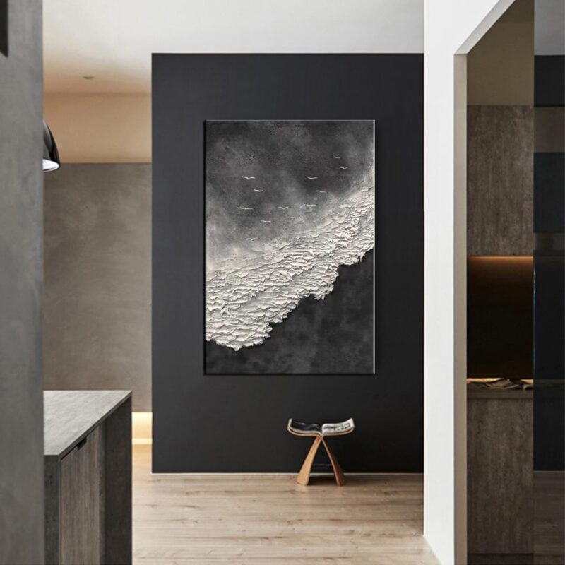 Thick Texture Abstract Oil Painting Hand-Painted sea wave Black and White Wall Art Minimalist modern Art Paintings Home Living room Room Dining Room Bedroom Wall Decorative Art Oil Painting 24x36inch - Image 2
