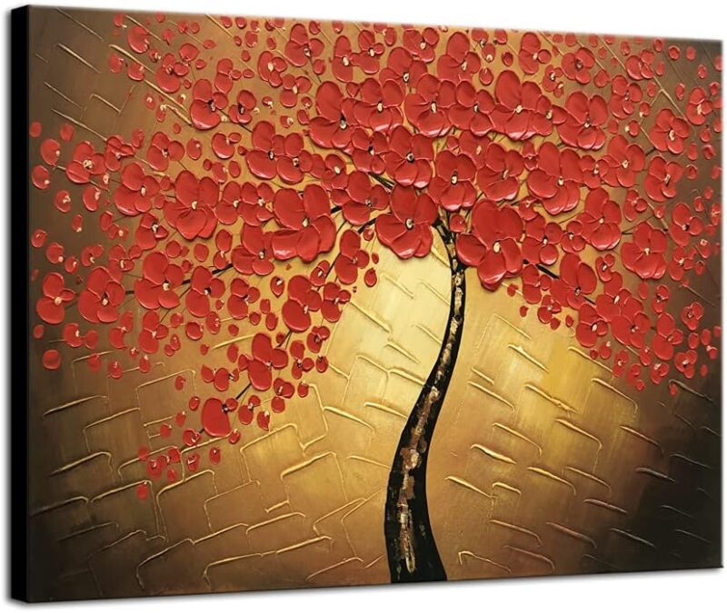 Red Flowers Oil Paintings Reproduction on Canvas Wall Art Ready to Hang for Bedroom Kitchen Decoration Large Modern 100% Hand Painted Stretched and Framed Pretty Abstract Floral Artwork