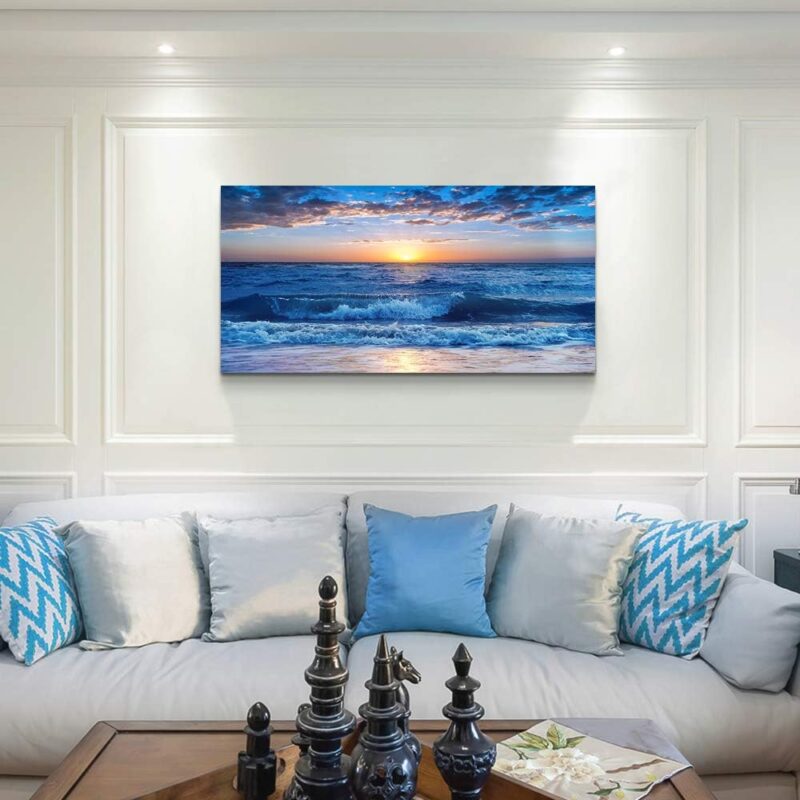 canvas wall art for living room Blue Ocean Sea sun landscape painting bathroom Wall Decor Ready to Hang for Home Decorations office family bedroom kitchen Works canvas Prints pictures 20" x 40"inch - Image 2
