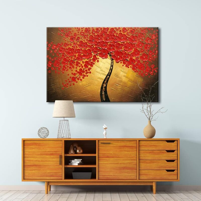 Red Flowers Oil Paintings Reproduction on Canvas Wall Art Ready to Hang for Bedroom Kitchen Decoration Large Modern 100% Hand Painted Stretched and Framed Pretty Abstract Floral Artwork - Image 2
