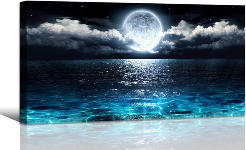 Wall Art Moon Sea Ocean Landscape Picture Canvas Wall Art Print Paintings Modern Artwork for Living Room Wall Decor and Home Décor Framed Ready to Hang,1inch Thick Frame, Waterproof Artwork.
