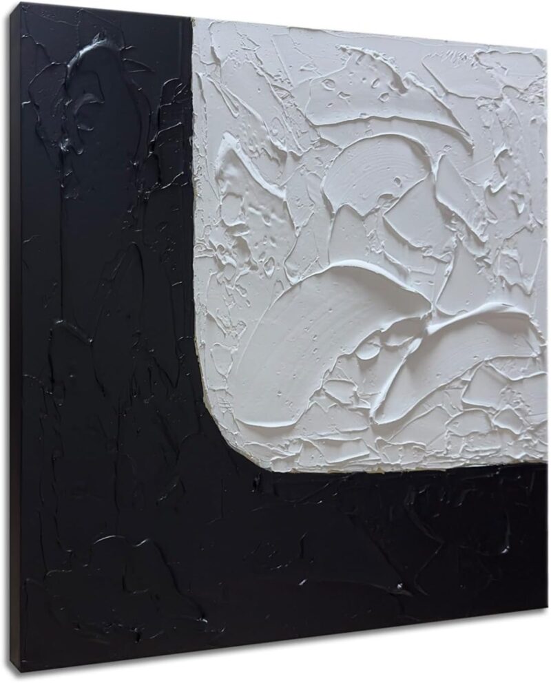 Hand Painted Black and White Canvas Wall Art 24x24 Inches Abstract Paintings Textured Minimalist Contemporary Wall Art for Home Decorations Living Room Bathroom Wall Decor - Image 2