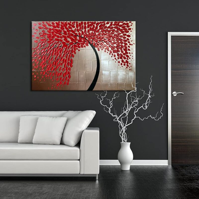 Red Flower Oil Paintings on Canvas Wall Art Ready to Hang for Living Room Bedroom Kitchen Home Decorations Large Modern 100% Hand Painted Stretched and Framed Abstract Floral Artwork L - Image 2