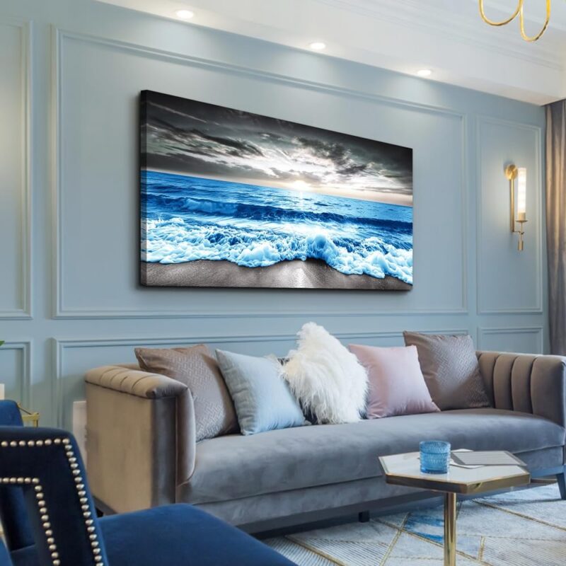 Large Wall Decor For Office Framed Wall Art For Living Room Modern Bedroom Wall Decor Blue Beach Sun Ocean Landscape Canvas Prints Wall Paintings Seascape Pictures Artwork Home Decor 60x30 - Image 2