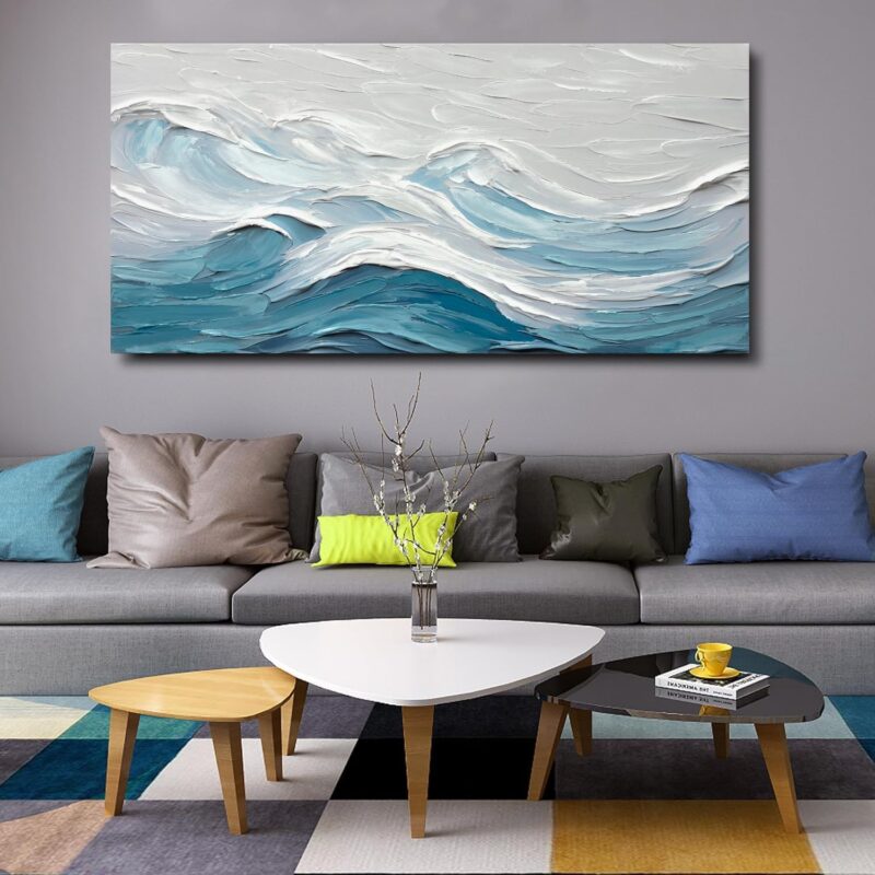 Abstract Wall Art for Living Room Blue and White Ocean Paintings Wall Decor Modern 3D Textured Canvas Wall Art Large Artwork for Living Room Bedroom Office 20"x40" - Image 2