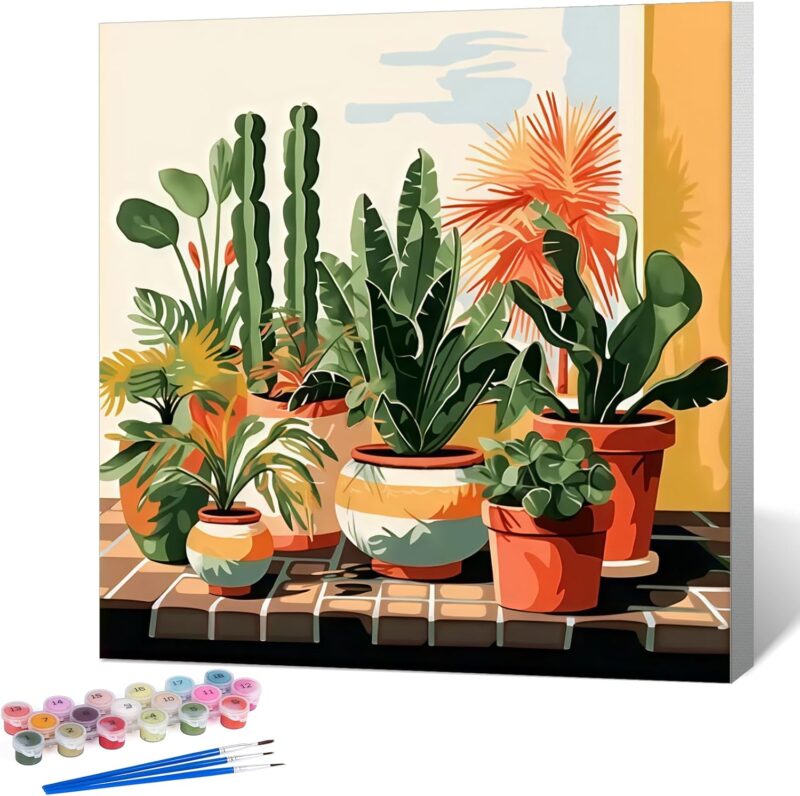 Framed Paint by Numbers Kit for Adults Beginner Plant, Adult Paint by Number Kits on Canvas Framed,  Acrylic Oil Painting by Numbers with Frame, Potted Plant for Home Decor Gift 10 X 10 Inch