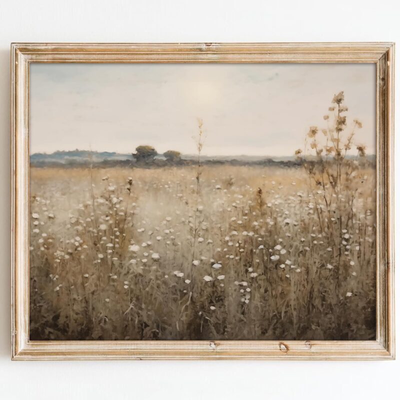 Vintage Wall Art Prints, Farmhouse Wall Decor Rustic Wildflower Country Field Canvas Prints Vintage Landscape Oil Painting Art Pictures for Bedroom Bathroom (12" x 16"-UNFRAMED)
