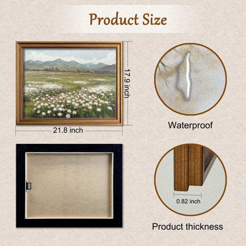 Gold Framed Wall Art Vintage Landscape Wildflowers Mountain Painting Canvas Print for Bedroom Living Room Wall Decor (wildflowers, 20L" x 16W") - Image 2