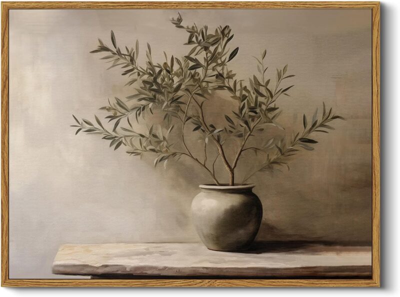 Framed Wall Art for Living Room Rustic Olive Branch Still Life Wall Decor Room Aesthetic Oil Painting Farmhouse Art Prints Minimalist Canvas Décor for Bedroom, Bathroom or Office 12x16In