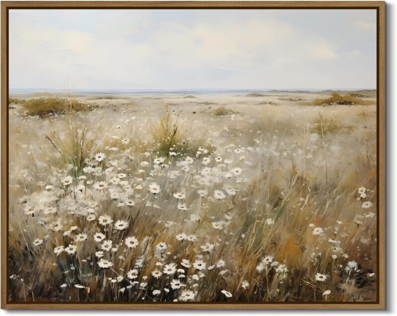 Vintage Wildflower Field Landscape Wall Art White Daisy Canvas Prints Picture Nature Flower Plants Scenery Oil Painting French Country Bedroom Bathroom Living Room Home Walls Decor, 8x10 Inch Framed