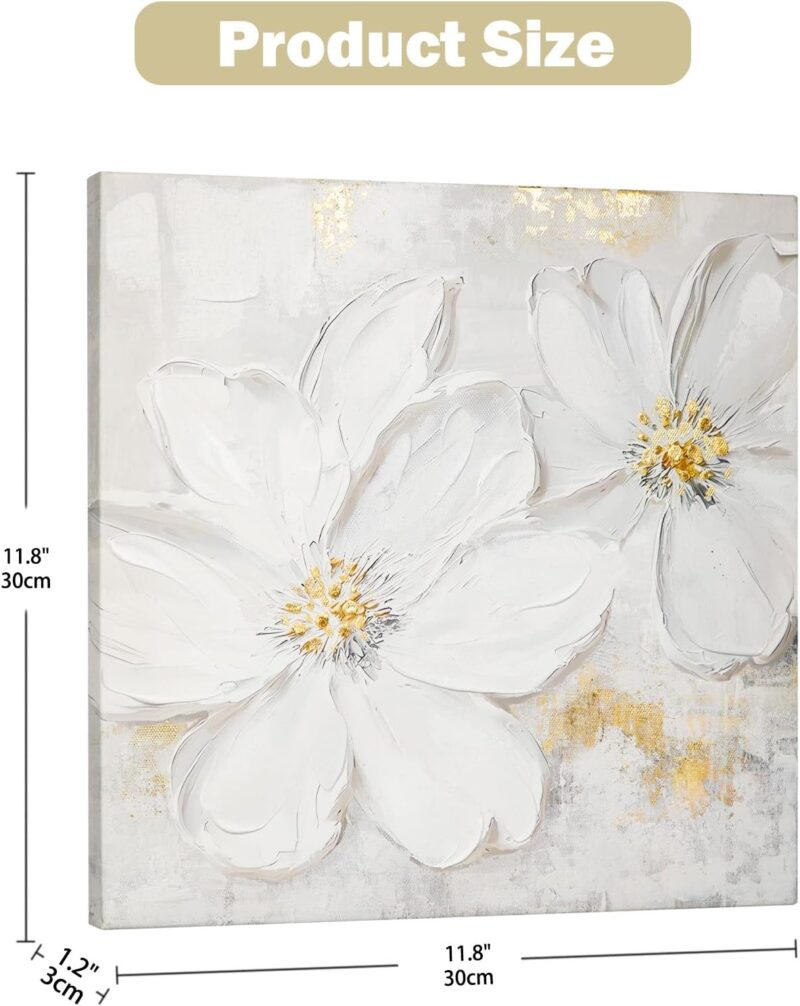 Wall Art Flower Small Canvas Oil Painting Hand Painted White Maglonia Floral Pictures Aesthetic Botanical Artwork for Living Room Bedroom Hotel Decoration, 11.8" x 11.8" - Image 2