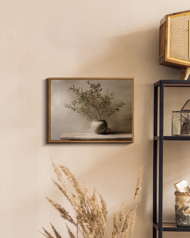 Framed Wall Art for Living Room Rustic Olive Branch Still Life Wall Decor Room Aesthetic Oil Painting Farmhouse Art Prints Minimalist Canvas Décor for Bedroom, Bathroom or Office 12x16In - Image 2