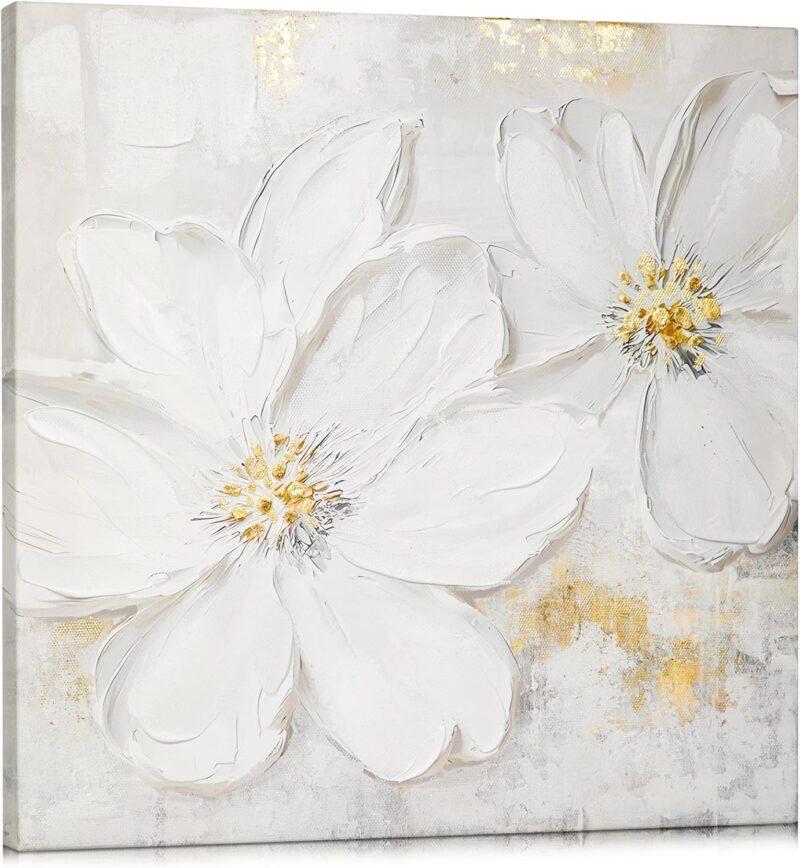Wall Art Flower Small Canvas Oil Painting Hand Painted White Maglonia Floral Pictures Aesthetic Botanical Artwork for Living Room Bedroom Hotel Decoration, 11.8" x 11.8"