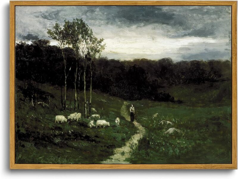 Framed Vintage Landscape Wall Art Shepherd Natural Scenery Oil Painting Canvas Prints Country Farmhouse Aesthetic Decor Pictures for Kitchen Bedroom Living Room Bathroom