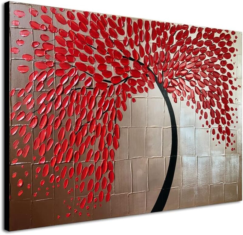 Red Flower Oil Paintings on Canvas Wall Art Ready to Hang for Living Room Bedroom Kitchen Home Decorations Large Modern 100% Hand Painted Stretched and Framed Abstract Floral Artwork L