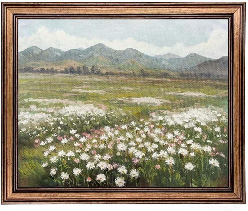 Gold Framed Wall Art Vintage Landscape Wildflowers Mountain Painting Canvas Print for Bedroom Living Room Wall Decor (wildflowers, 20L" x 16W")