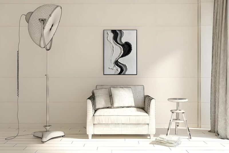 ,24x36Inch Abstract Hand Painted Textured Ocean Wave Art on Canvas Minimalist Oil Painting Vertical Modern Black Simply White Framed Artwork - Image 2