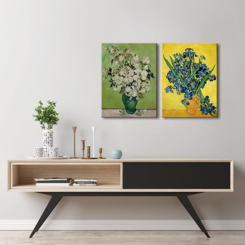 2 Piece Irises in Vase Floral Canvas Prints Wall Art by Van Gogh Classic Artwork Famous Oil Paintings Reproduction on Canvas for Home Decor Modern Wrapped Flowers Pictures - Image 2