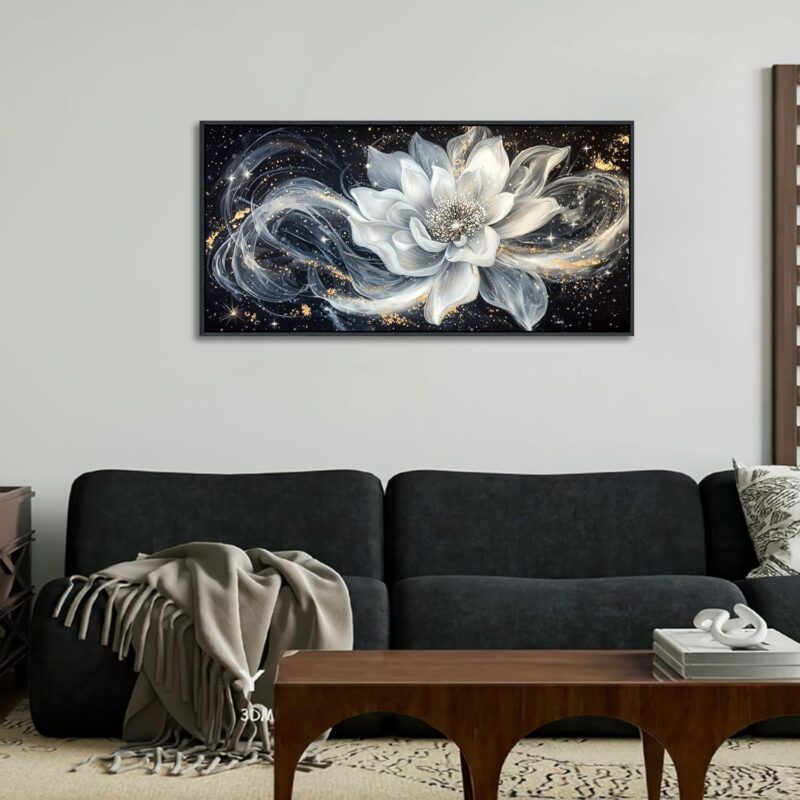 Black and White Floral Wall Art, Abstract Lotus Flower Framed Canvas Painting White Gold Petals Modern Pictures Artwork for Living room Bedroom kitchen Bathroom Home Office Decor 20x40 IN - Image 2