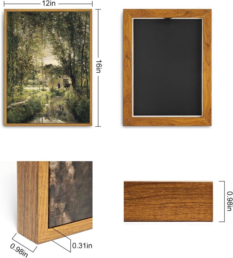 Framed Canvas Wall Art Vintage Print Oil Paintings Landscape with a Sunlit Stream Country Rustic Summer Green French Retro Aesthetic for Home Living Room Bathroom Wall Decor (12"x16") - Image 2