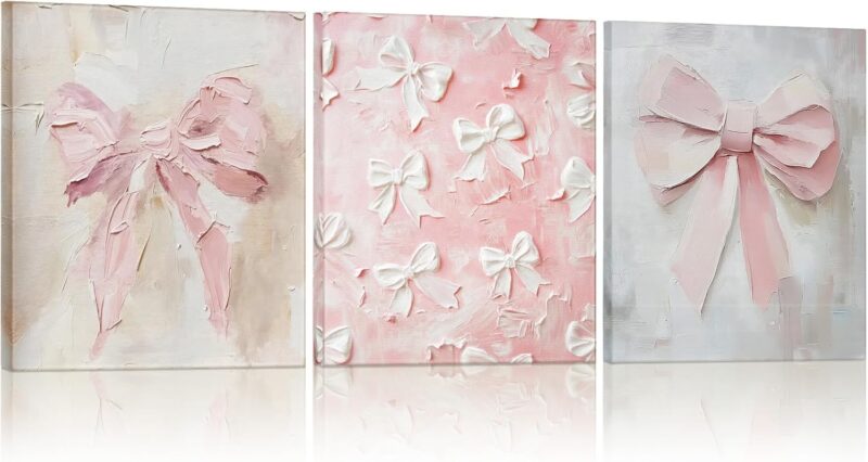 3 Pcs  Pink Bow Canvas Wall Decor Oil Painting Bow Wall Decor Prints Trendy Preppy Cute Art with Framed for Bedroom Bathroom Kitchen College 9.84 x 7.87 Inch