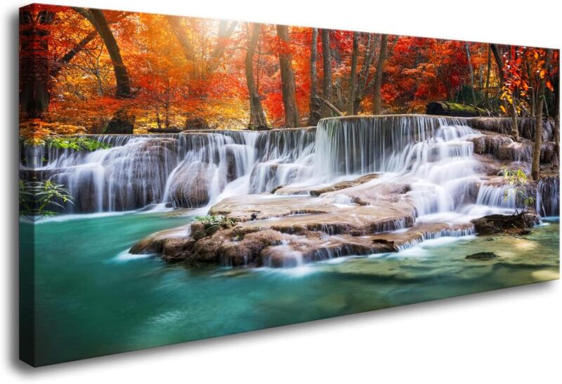 Wall Art Canvas Painting Red Forest Waterfalls 1 Piece Modern Landscape Tree Picture Poster Print Framed and Stretched Ready to Hang for Living Room Bedroom Kitchen Office Home Decor