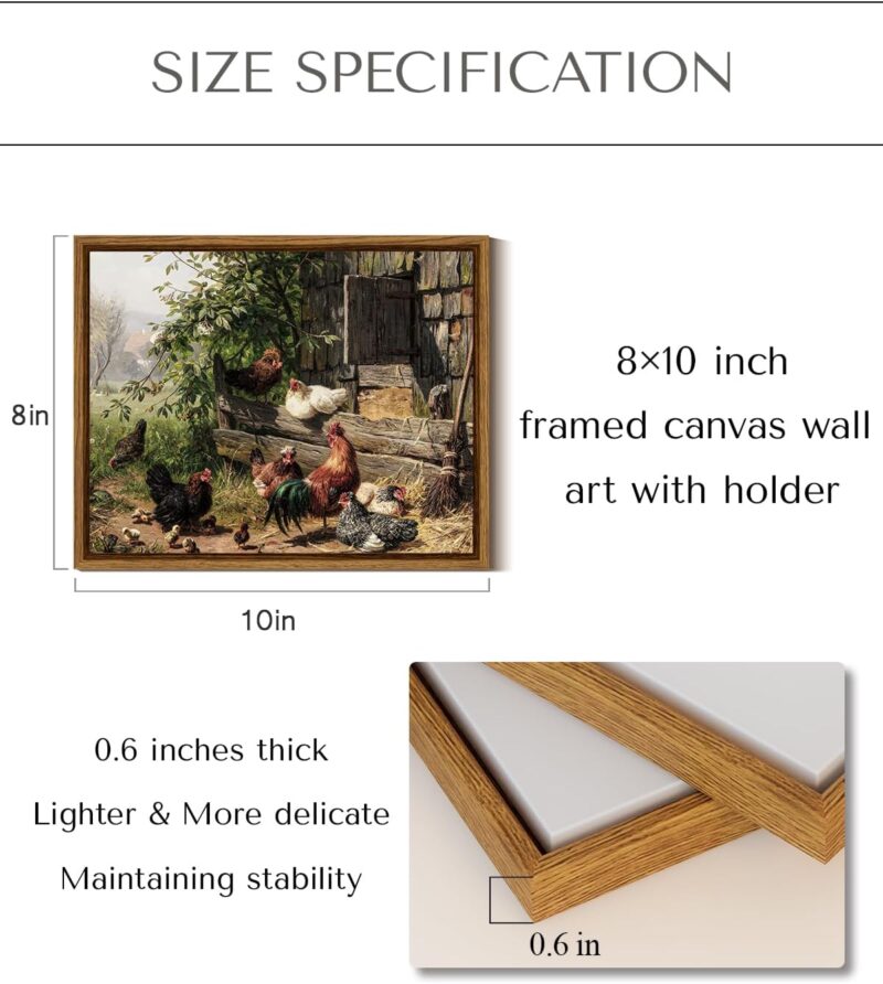 Framed Canvas Wall Art Funny Running Chicken and Chicken Coop Wall Decor Rustic Farmhouse Painting Country Wall Prints Bedroom Chick Artwork Rooster Pictures for Living Room Bathroom 8x10in - Image 2