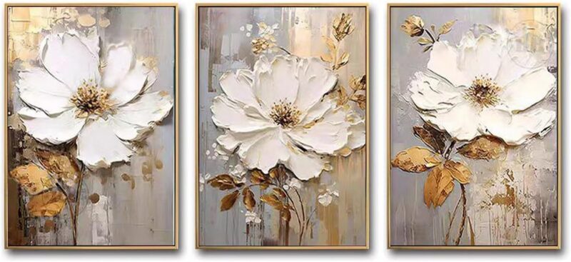 Hand Painted White Flower Wall Art for Living Room,3D Thick Textured Oil Painting with Frame for Bedroom, 3 PCS Gold Abstract Wall Decor Floral Painting Home Decoration for Office 28x60inches - Image 2
