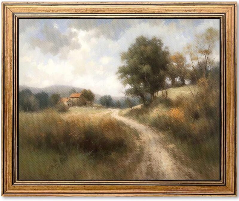 Framed Vintage Wall Art Classical Oil Painting Country Road Canvas Print Kitchen Living Room Farmhouse Wall Decor (Rural Trail, 10L x 8W)