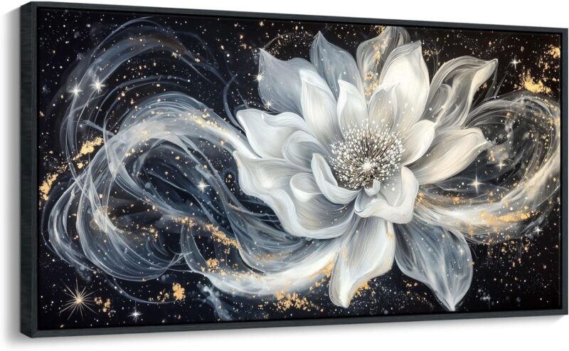 Black and White Floral Wall Art, Abstract Lotus Flower Framed Canvas Painting White Gold Petals Modern Pictures Artwork for Living room Bedroom kitchen Bathroom Home Office Decor 20x40 IN