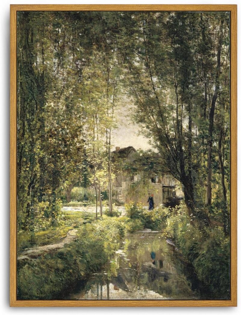 Framed Canvas Wall Art Vintage Print Oil Paintings Landscape with a Sunlit Stream Country Rustic Summer Green French Retro Aesthetic for Home Living Room Bathroom Wall Decor (12"x16")