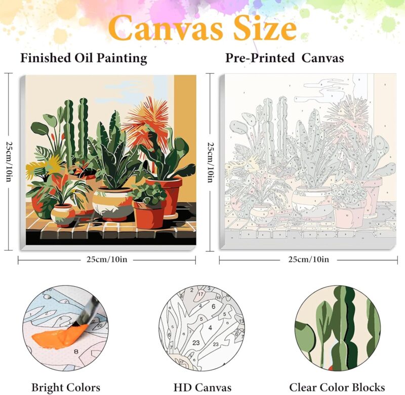 Framed Paint by Numbers Kit for Adults Beginner Plant, Adult Paint by Number Kits on Canvas Framed,  Acrylic Oil Painting by Numbers with Frame, Potted Plant for Home Decor Gift 10 X 10 Inch - Image 2