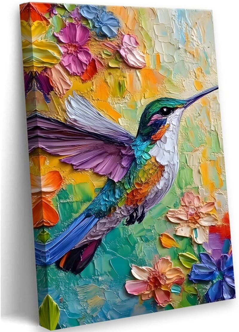 Colorful Oil Painting Hummingbird Canvas Wall Art, Spring Flower Wall Decor, Cute Hummingbird Picture for Wall Living Room Bathroom Bedroom Home Decoration 12 * 18 in Framed