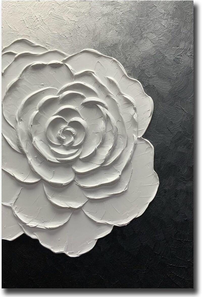 24 x 36in Hand-Painted Oil Painting 3D Texture Black White Grey Modern Minimalist Black Abstract Wall Art, Home Office Wall Decoration Flower