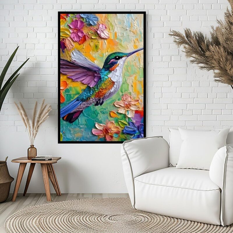 Colorful Oil Painting Hummingbird Canvas Wall Art, Spring Flower Wall Decor, Cute Hummingbird Picture for Wall Living Room Bathroom Bedroom Home Decoration 12 * 18 in Framed - Image 2
