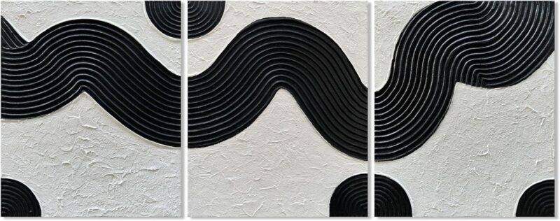 Hand-Painted Abstract Oil Painting in Black and White Texture Modern Minimalist Art 24x20 Inches x 3,Home Wall Decoration Oil Painting