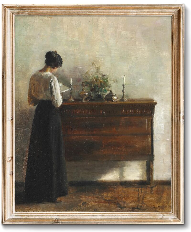 Vintage Danish Canvas Wall Art - Woman Reading Portrait Oil Painting - Dark Academia Aesthetic Print - 19th Century Antique Poster - Retro Gallery Bedroom Decor 8x10in (Unframed)