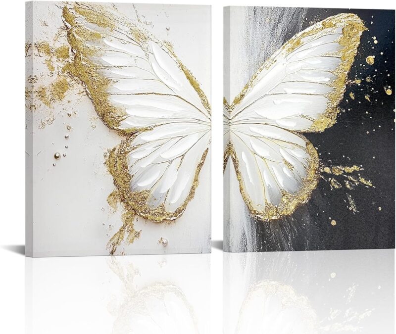 Hand-Painted Textured Butterfly Wall Art 3D Oil Painting Gold Foils Butterfly Canvas Artwork for Home Decor 12''x16''x2PCS