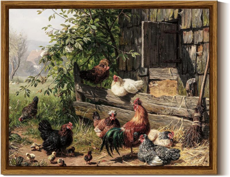 Framed Canvas Wall Art Funny Running Chicken and Chicken Coop Wall Decor Rustic Farmhouse Painting Country Wall Prints Bedroom Chick Artwork Rooster Pictures for Living Room Bathroom 8x10in