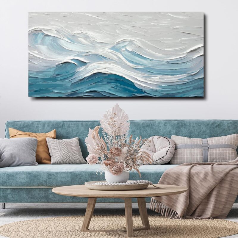 Abstract Wall Art for Living Room Blue and White Ocean Paintings Wall Decor Modern 3D Textured Canvas Wall Art Large Artwork for Living Room Bedroom Office 20"x40"