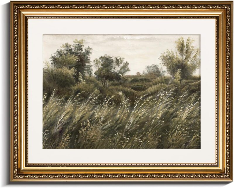 Gold Picture Framed Wall Art, Living Room Bathroom Vintage Wilderness Field Pictures Wall Decor, Grassland Canvas Print Art, Home Farmhouse Decor, Antique Paintings with Frames 13x16inch