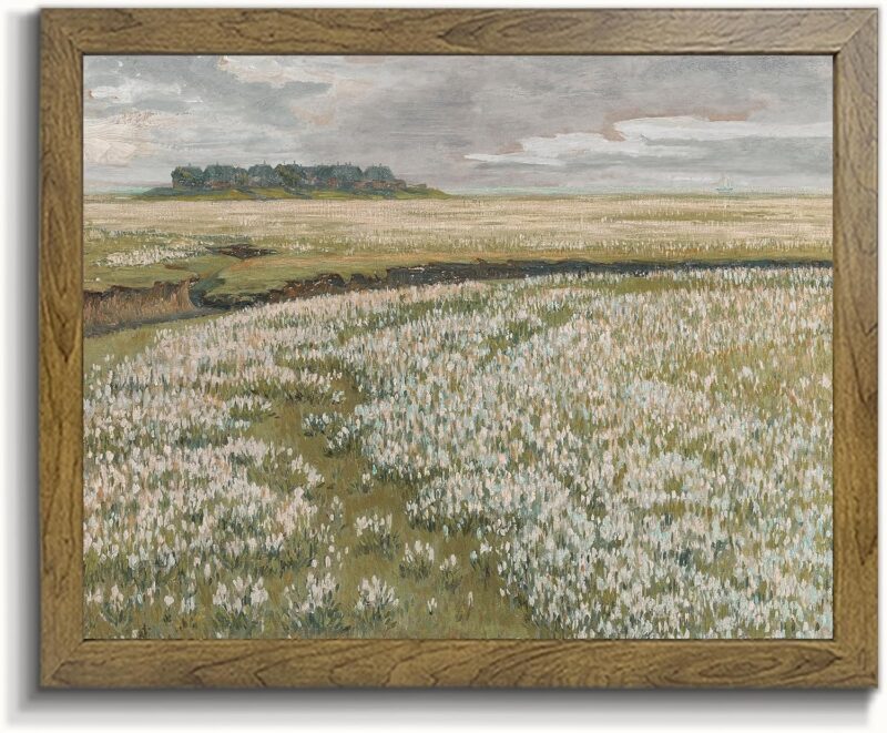 Spring Meadow Wall Art - Vintage Landscape Print， Framed Canvas Prints Wall Art Home Decor - Vintage Landscape Art Print Farmhouse Painting, Wildflower Field Oil Painting on Canvas