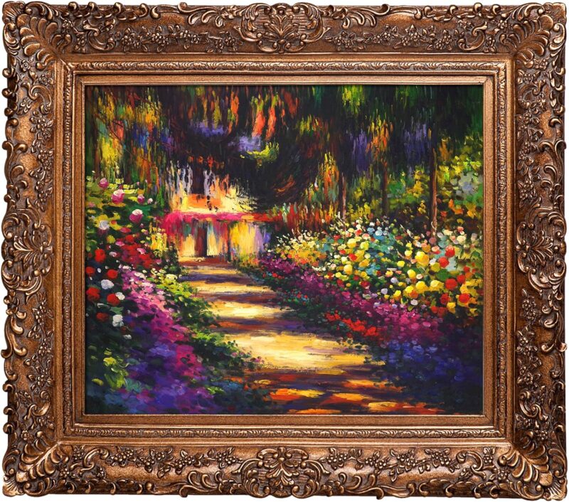 Pathway in Monet's Garden at Giverny with Burgeon Gold Framed Oil Painting, 33.5" x 29.5", Multi-Color